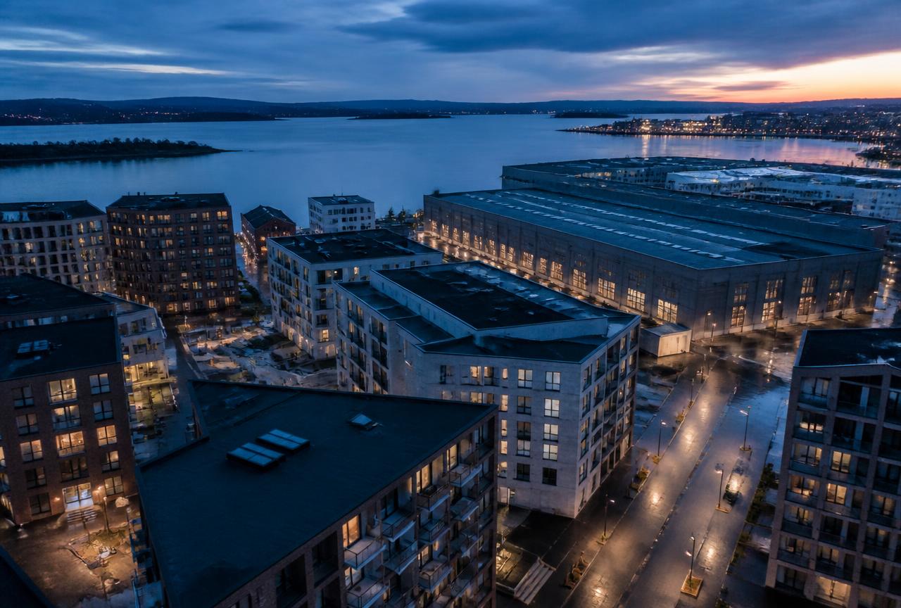 Fastighetsområde med bostadshus, kontor och industribyggnader i skymningen