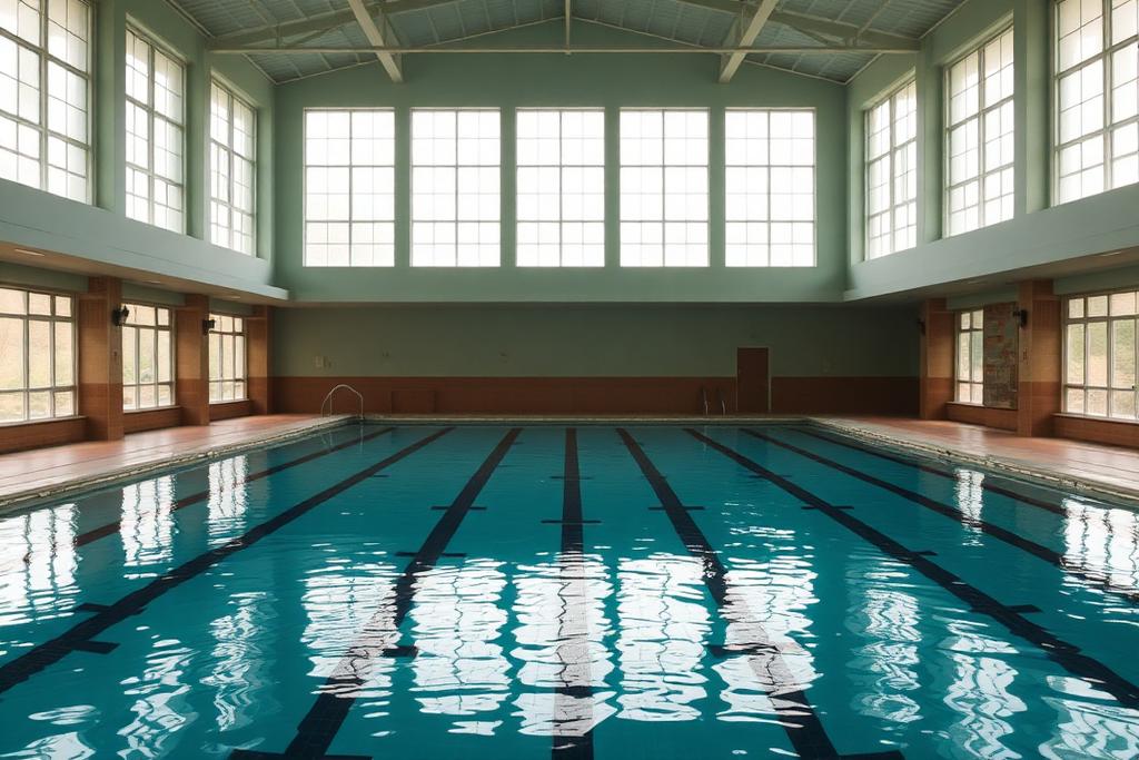 Simhall med bassäng och stora fönster