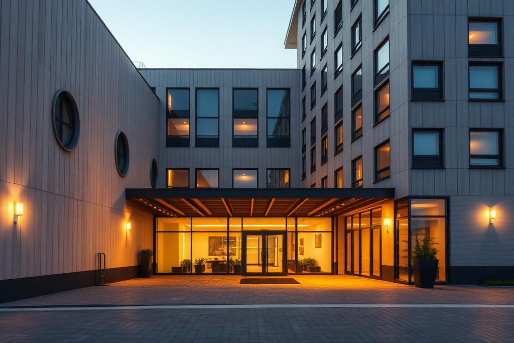 Hotellentré med upplyst fasad