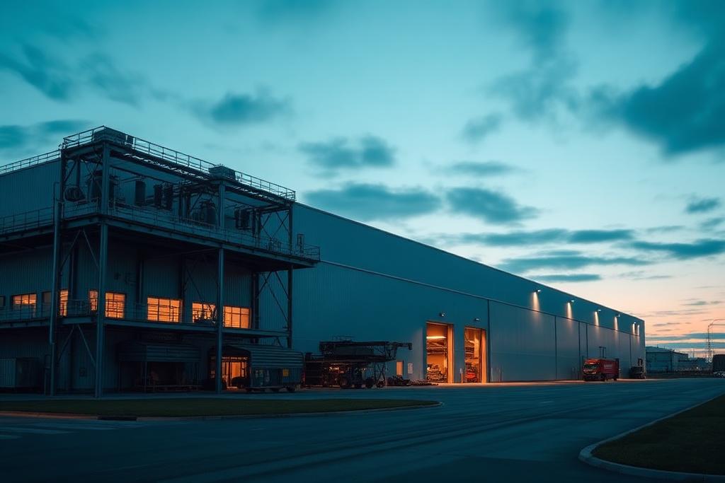 Industrianläggning med produktionshall i skymningen